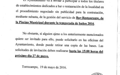 Abierto plazo para entrar en el procedmiento negociado de gestión Bar Piscina Municipal verano 2016