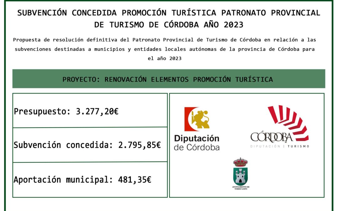 Subvención concedida del Patronato Provincial de Turismo de Córdoba para el año 2023